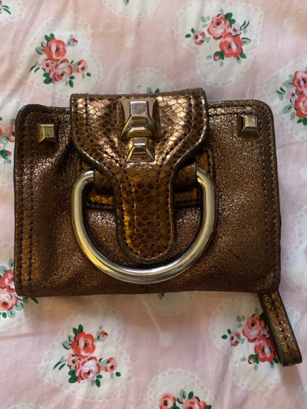 Hayden Harnett Bronze Metallic Crackle Leather Wallet w Studs & Silver Hardware